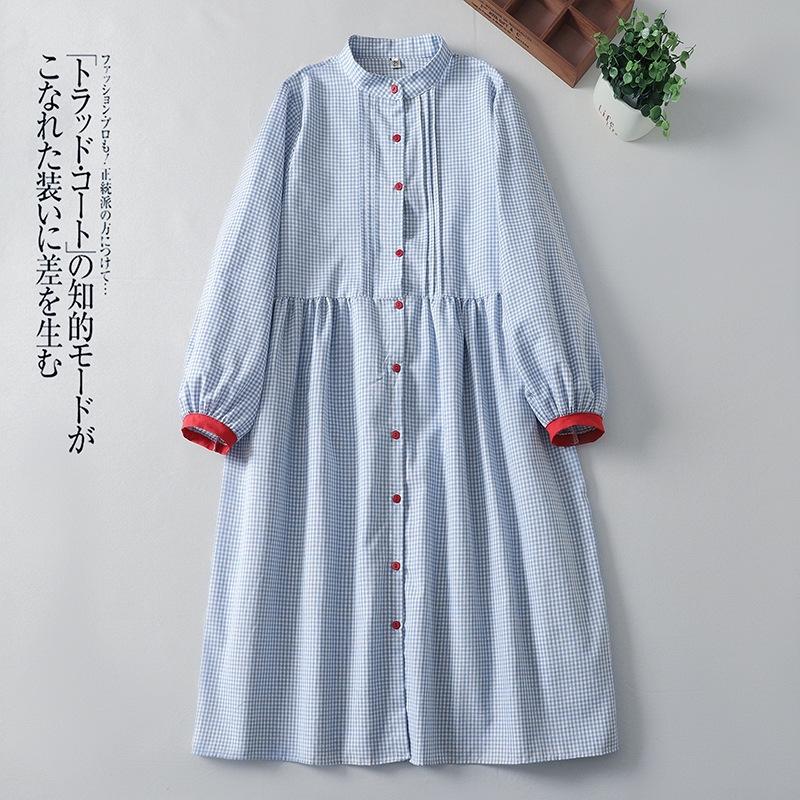 2025 spring new plaid long-sleeved shirt dress loose and thin cotton and linen long dress women