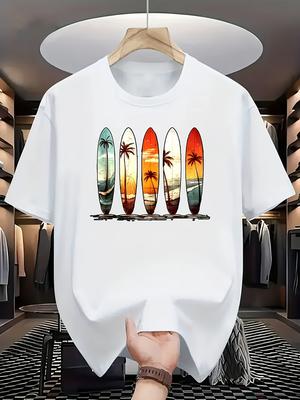 Summer Pure Cotton Unisexs And Unisexs Fashionable Casual Surfboard And Palm Tree Pattern Printed Round Neck Short Sleeved Tshirt