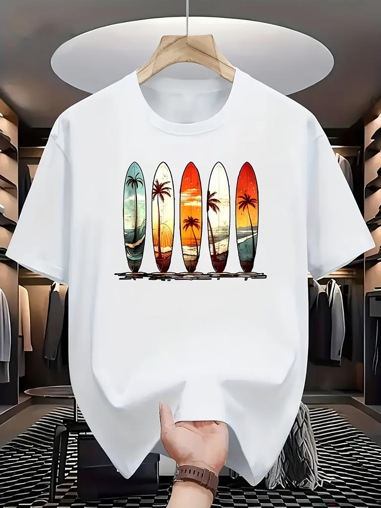 Summer 100 Pure Cotton Unisexs Fashionable Casual Surfboard And Palm Tree Pattern Printed Loose Round Neck Short Sleeved Tshirt