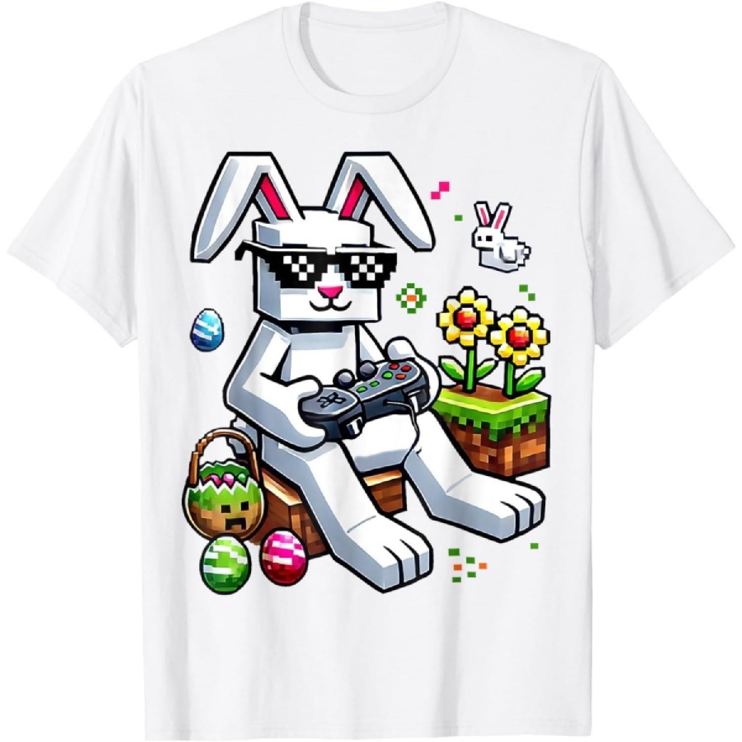 RUJUNMAN Happy Easter Day Bunny Egg Video Game Mens Gamer T-Shirt S