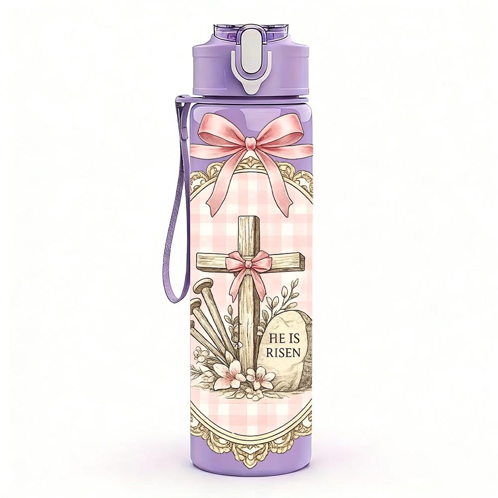 1PC Lace Bow Cross Religious Vintage Print 750ml Color Plastic Sports Water Bottle Leakproof Flip Straw Lid Suitable for Sports Office Home Use