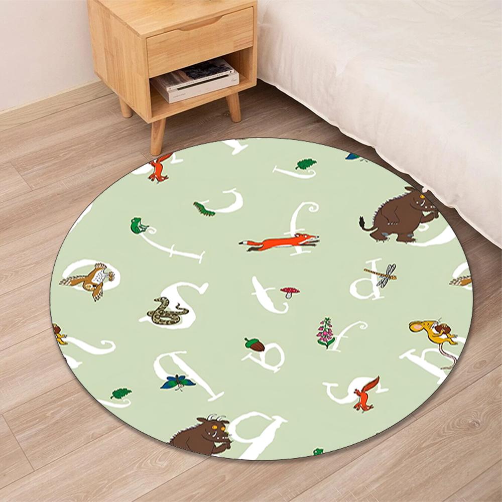 Kulatý koberec s potiskem Gruffalo, Koberec pod židli, Kusový koberec, Rohožka ke vchodu, pro kancelářskou židli, obývací pokoj, ložnici, kuchyň.