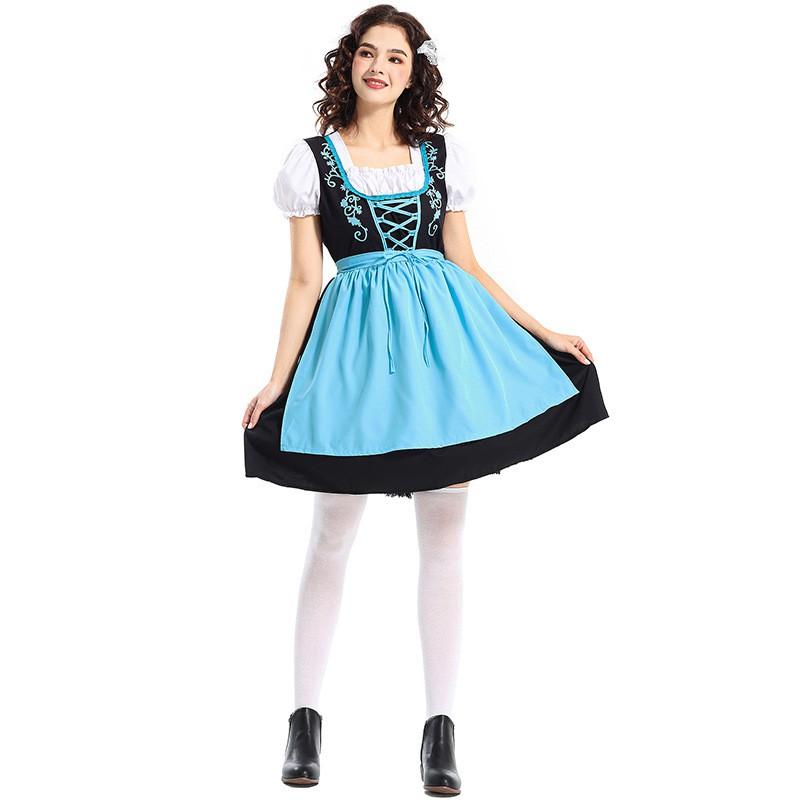 Oktoberfest Costume Womens Blue Embroidered Dirndl Dress Traditional Bavarian Beer Festival Workwear