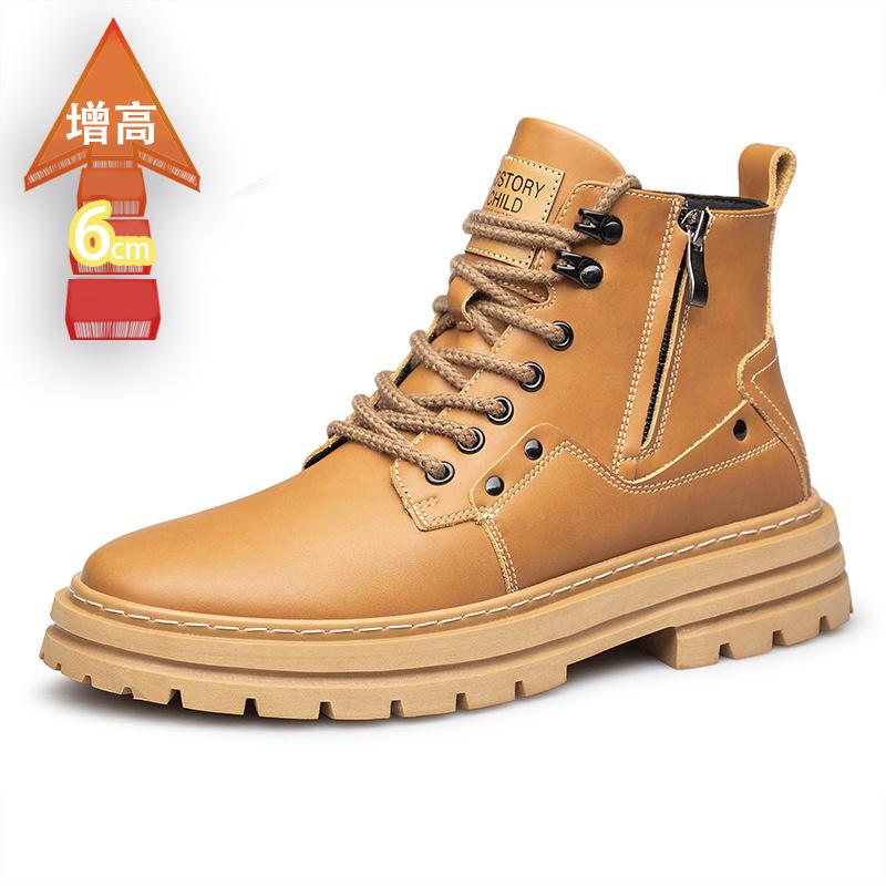 Autumn and winter trend cowhide Martin boots high-top tooling British style invisible inner heightening thick-soled lace-up tooling boots men's boots