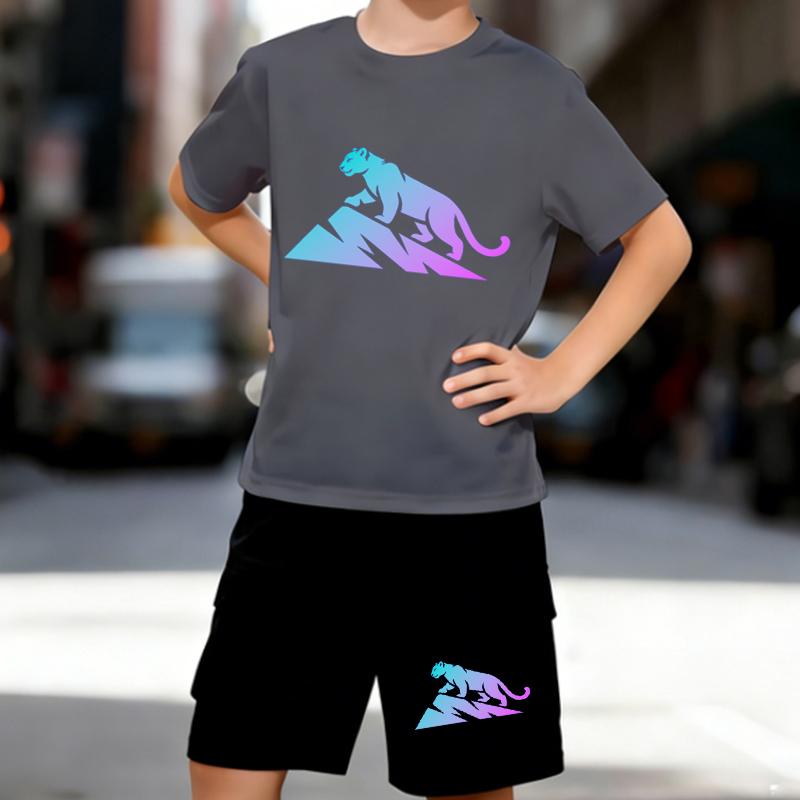 Boys 2 Piece Climbing Tiger Print T-shirt Outfit, Short Sleeve T-Shirt and Shorts Set for Kids Age 5-14,Black and White Sporty Casual Summer Clothes