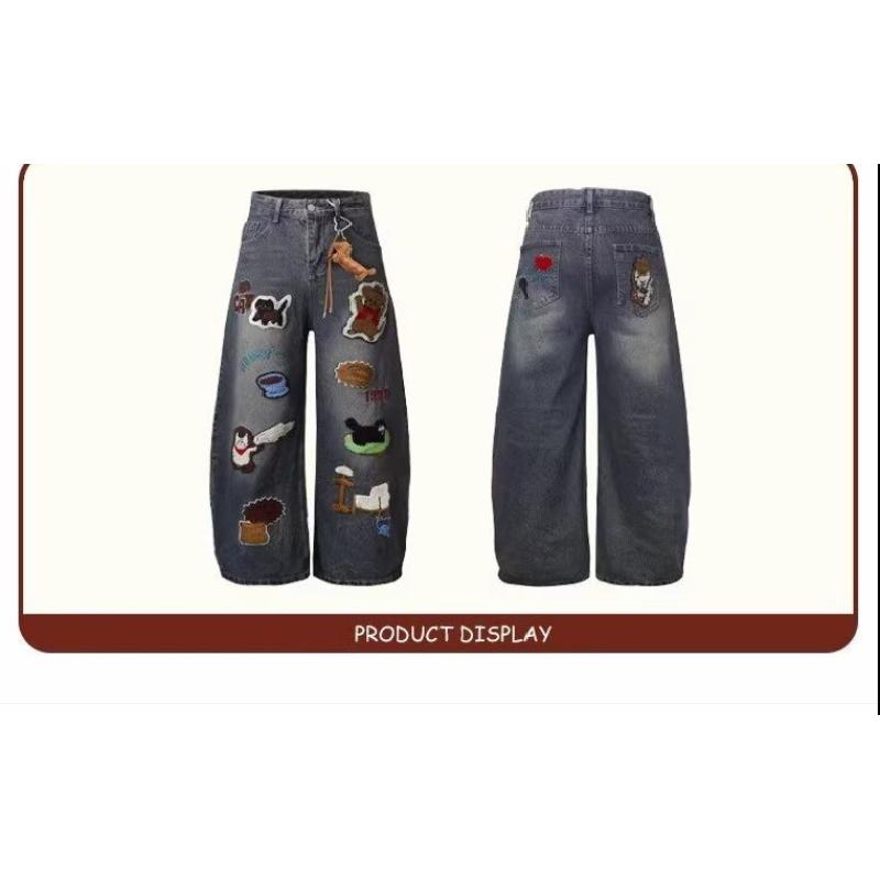 Fashionable and stylish cartoon embroidered personalized trendy casual wide-leg men's washed jeans