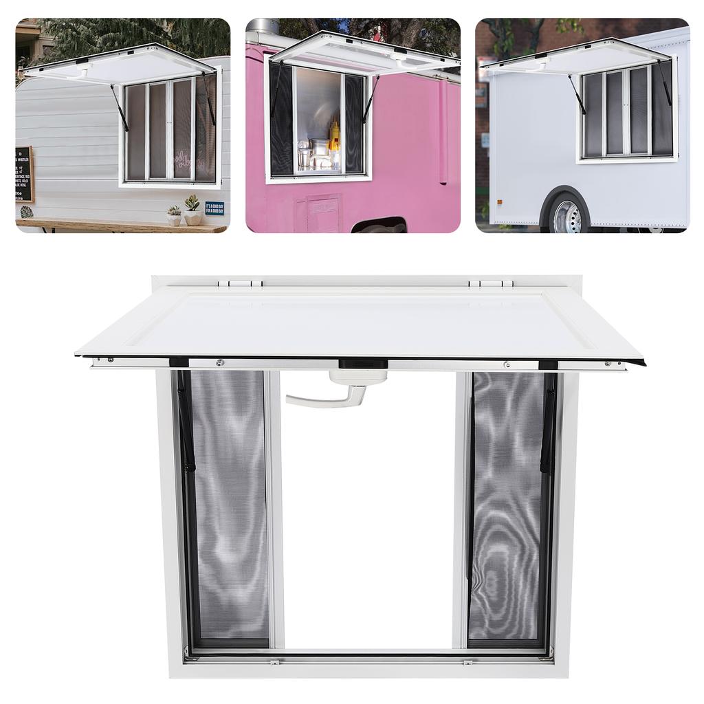 Aluminum Food Truck Window with 4 Sliding Screens, Pneumatic Takeout Service Window with Lock for Trailers, Mobile Stands