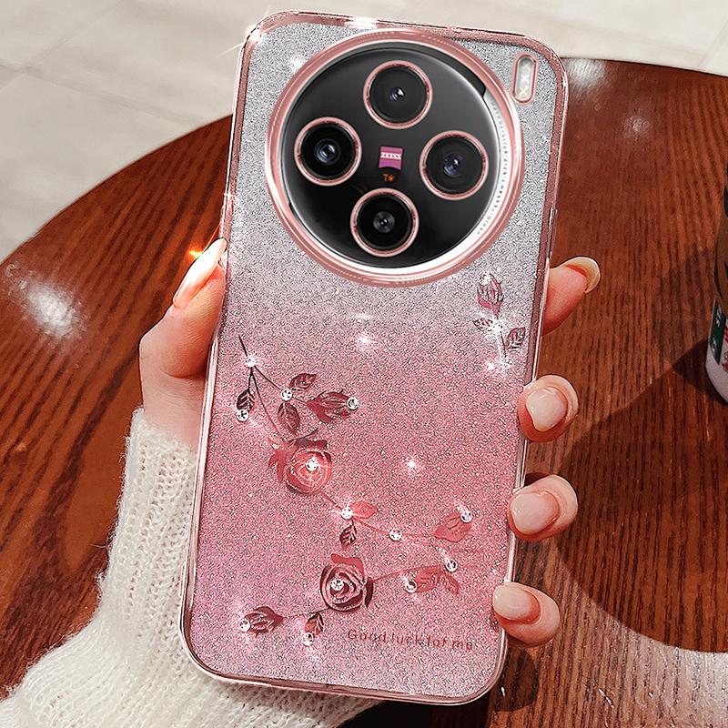 

KADEM For vivo X100 Pro 5G Cell Phone Case Rhinestone Decor TPU Gradient Back Cover Rose Gold