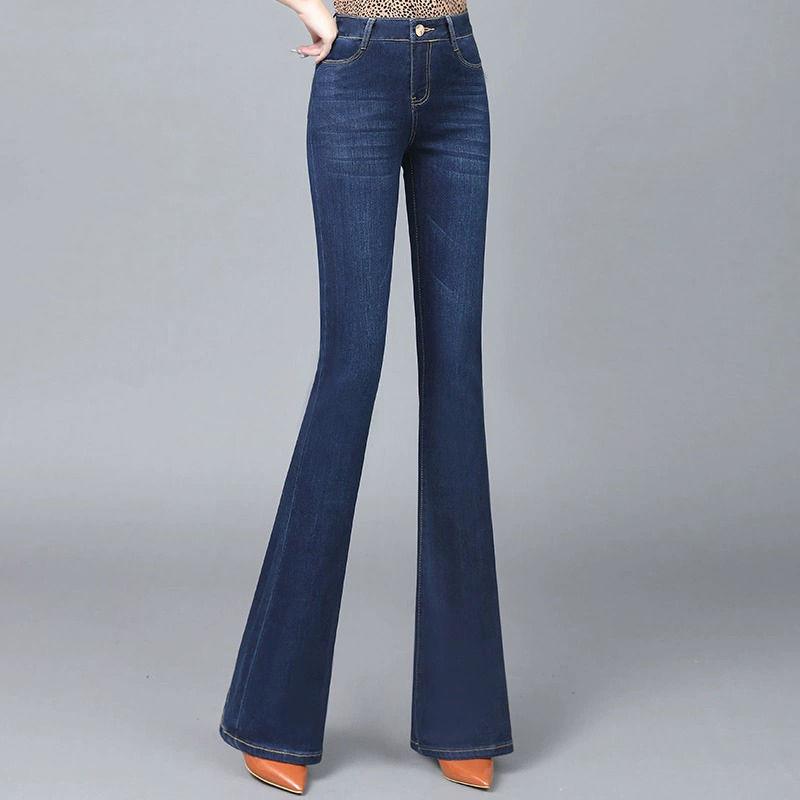 2024 Summer Women s Dark Blue High-Waisted Slimming Stretch Flare Jeans - Plus Size Available 32
