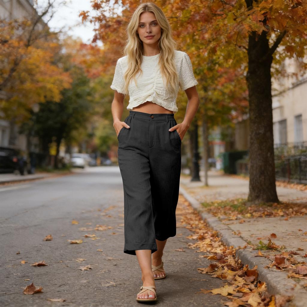 Women’s Wide Leg Cropped Pants High Waist Linen Blend Trousers with Side Pockets Relaxed Fit for Everyday Wear