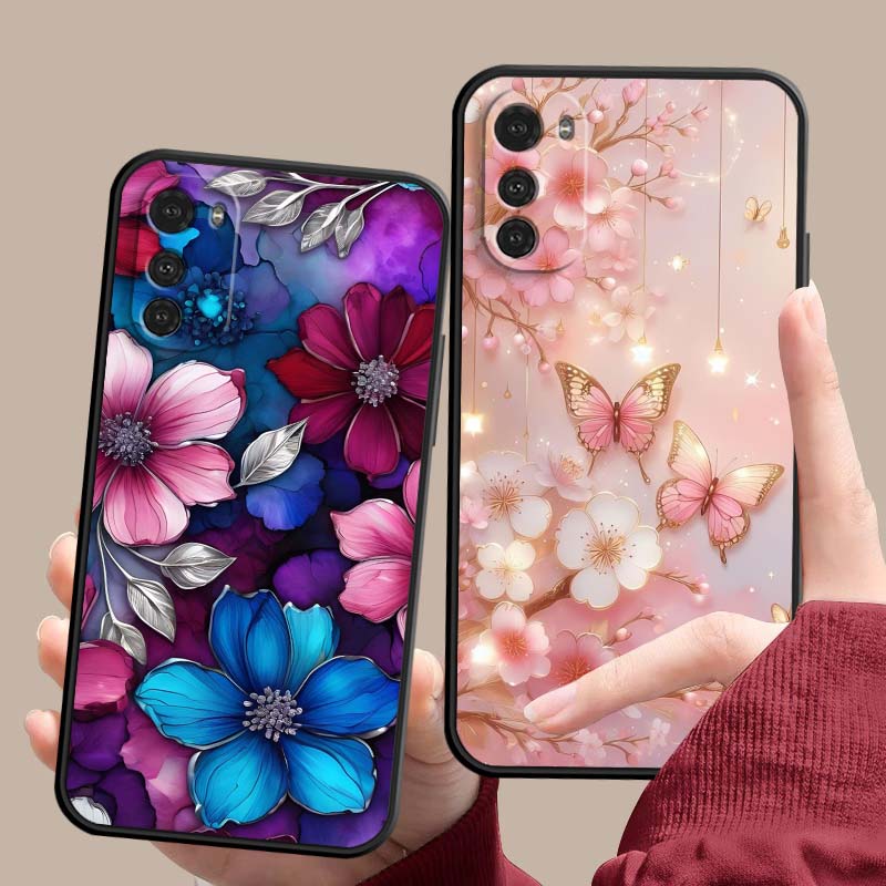 Butterfly Flower Pattern Phone Case For Motorola G85 Edge 50 G24 G35 G14 G04 40 G72 G34 G G54 G13 G32 5G Black