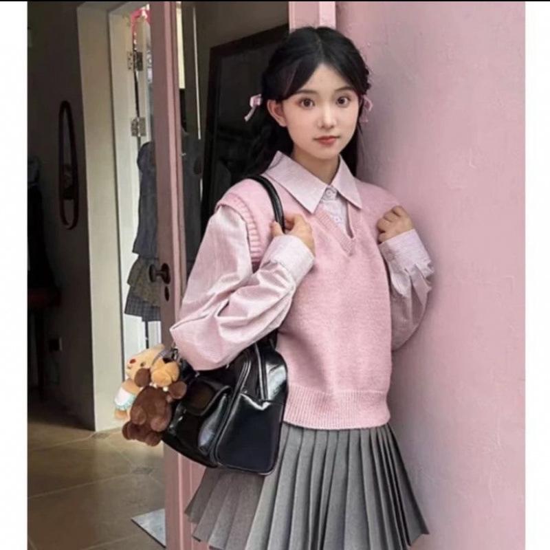 Color-Block Fake Two-Piece Long-Sleeve Layered Sweater for Spring/Autumn 2025