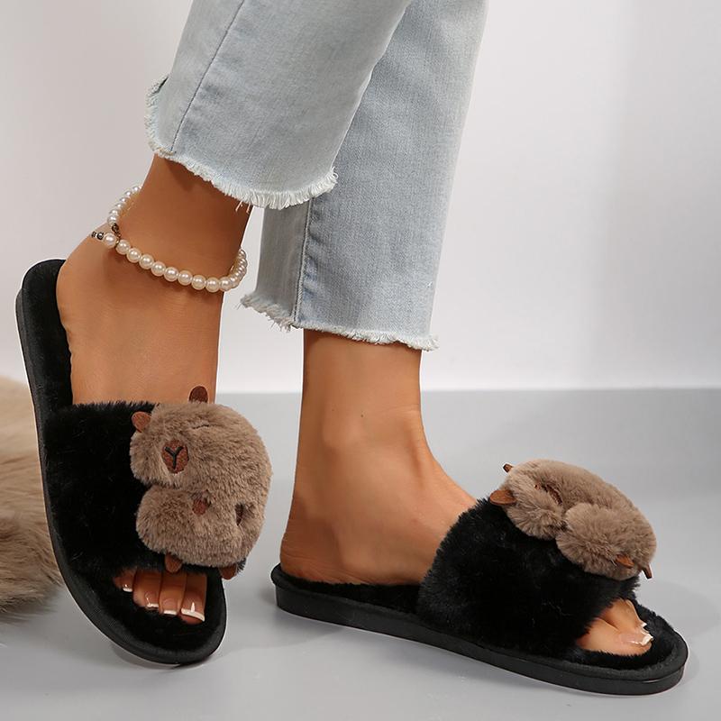 Fashion Cute Plush Capybara Home Slippers for Women Soft Sole Fluffy Furry House Shoes Woman Indoor Cozy Non Slip Warm Winter Slippers