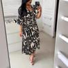 Summer Printed V-neck Women's Dress, High-waisted Tie Dress Flared Mid-sleeve Ruffled Dress