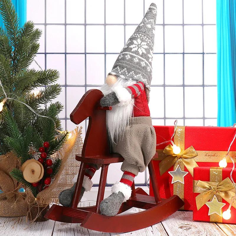 Christmas Gnome Riding Wooden Horse Forest Old Man Faceless Doll Plush Gnome Doll Christmas Decoration Holiday Decoration