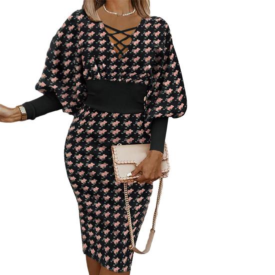 Women Party Prom Dress Hollow Out Long Lantern Sleeve Colorful Print V Neck Tight High Waist Knee Length Elegant Formal Dress