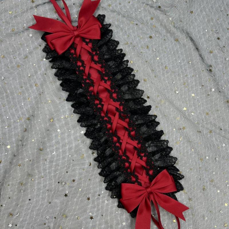 Gothic Lolita Spitzen Schleifen Stirnband - Schwarz Rot Dienstmädchen Haaraccessoire