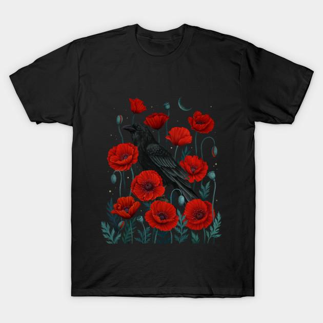 Men Black Print T-shirt Raven In Bloom Under Moonlight No-Cut Transfer Paper Print Cotton Tshirt S
