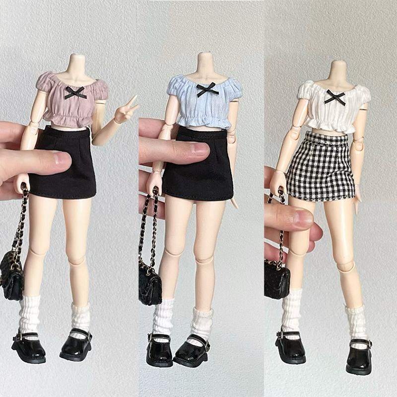 DLBell Fashion Blythe Clothes Off Shoulder Bow Top and Mini Plaid Short Skirt for Blythe OB24 Licca Pullip 1/6 Dolls Outfit