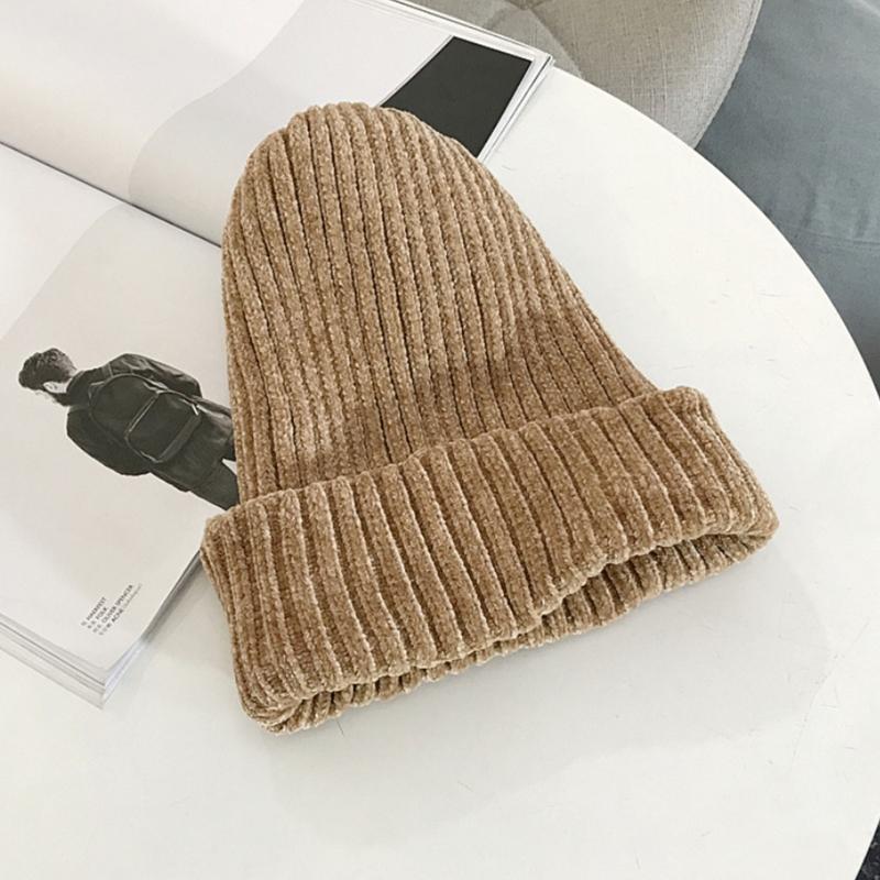 Klassische Damen Chenille Samt Wintermütze Retro Beanie Mütze Vintage Gerippt Gestrickt Fischer Hip Hop Einfarbig Sturmhaube