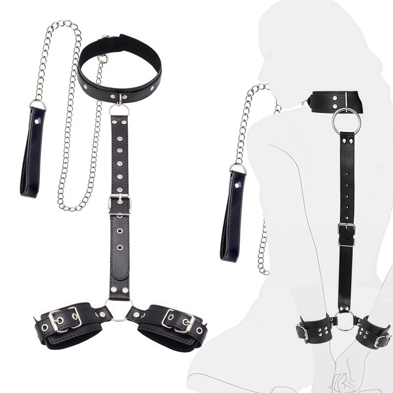 Bondage Restraint Kit Adjustable Collar Wrist Cuffs Durable PU Leather Fetish Play Set for Adult Couples
