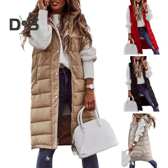 Dámská zimní vesta Kabát Vycpaný Jednobarevný Bez rukávů S kapucí Stahovací šňůrka Jednořadá Středně dlouhá Slim Fit Zip Kapsy na lemu Dámská Dlouhá zima