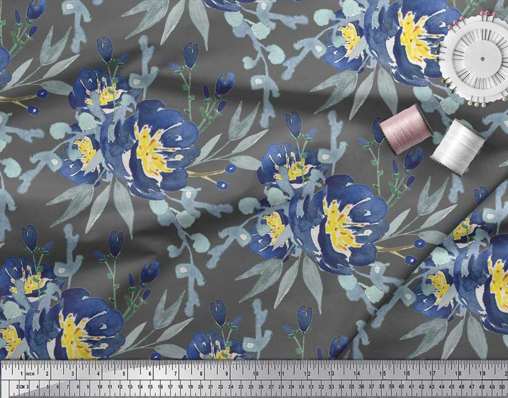 Soimoi Béžová polykrepová tkanina s listy a květinovým potiskem Pivoňka od Meter 42 Inch