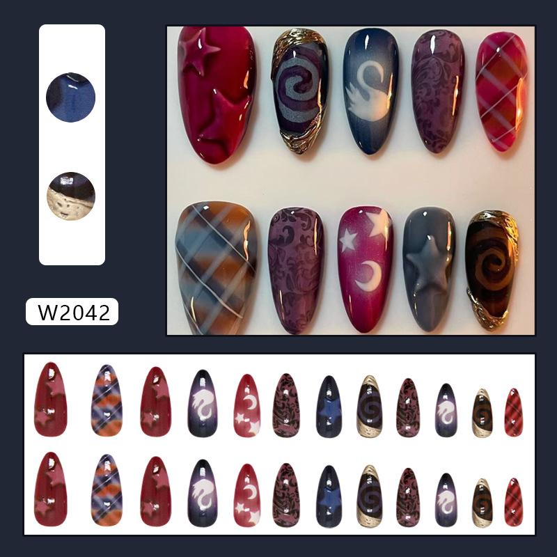 24Pcs Y2K Almond Press On Nails Moon Star Swan Pattern Full Cover Detachable False Nails Sweet Cool Fake Nail Tips