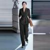 Women's Light Green V-Neck 3/4 Sleeve Belted Suit Set with Wide Leg Pants