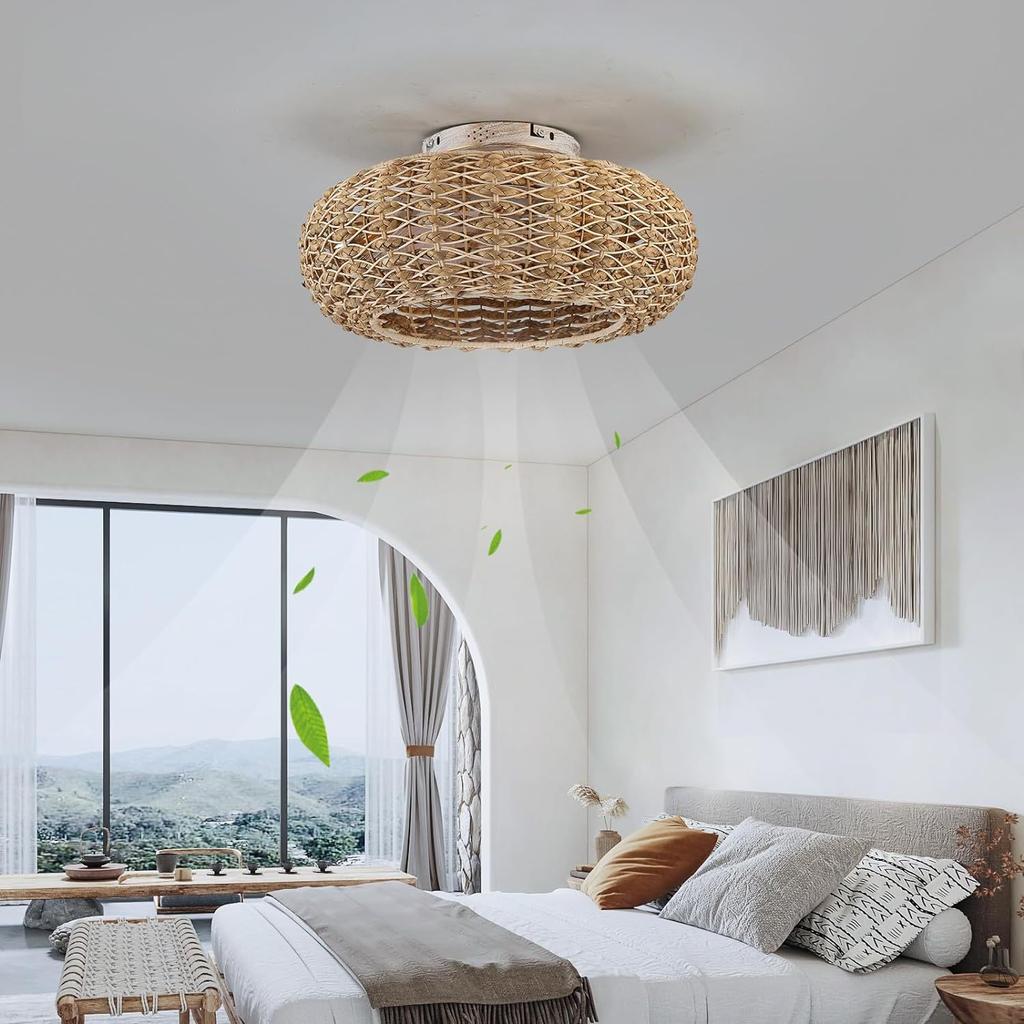 Retro Minimalist Ceiling Fan Light Hemp Rope Iron Cage Industrial Style Bedroom Home Decoration Fan Rattan Rope Fan Light 110v