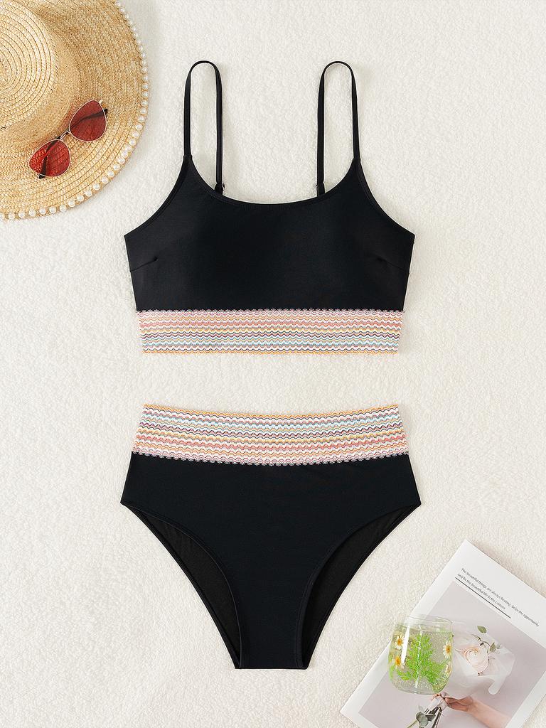 U Neck Webbing High Waist Sexy Two Piece Swimsuit Elegant Women Bikini