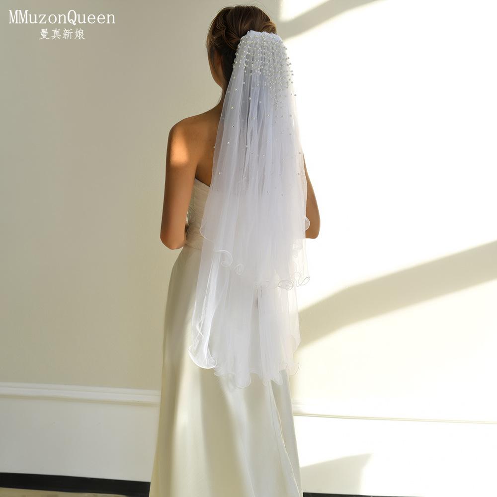Wavy Edge Tulle Bridal Veil Mixed Size Scattered Pearl Hand Sewn Short Mid Length Wedding Veil With Comb For Strapless Gown Elopement Portrait Shoot