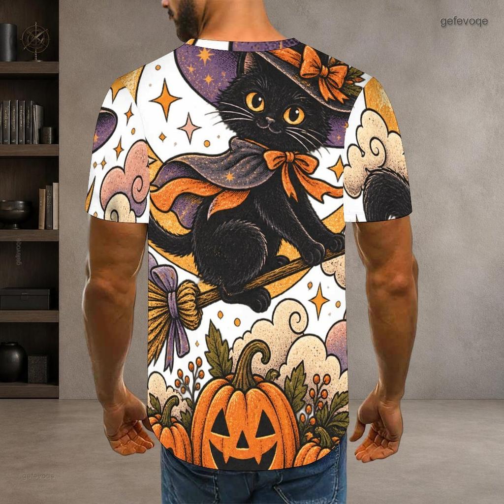 Men Plus Size Round Neck Short Sleeve T Shirt Printed Cute Cartoon Raccoon Witch Pattern