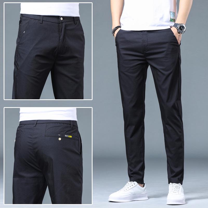 

Мужские узкие прямые летние повседневные брюки из ледяного шелка — дышащие, эластичные, модные, универсальные, приятные на ощупь 33 чёрный