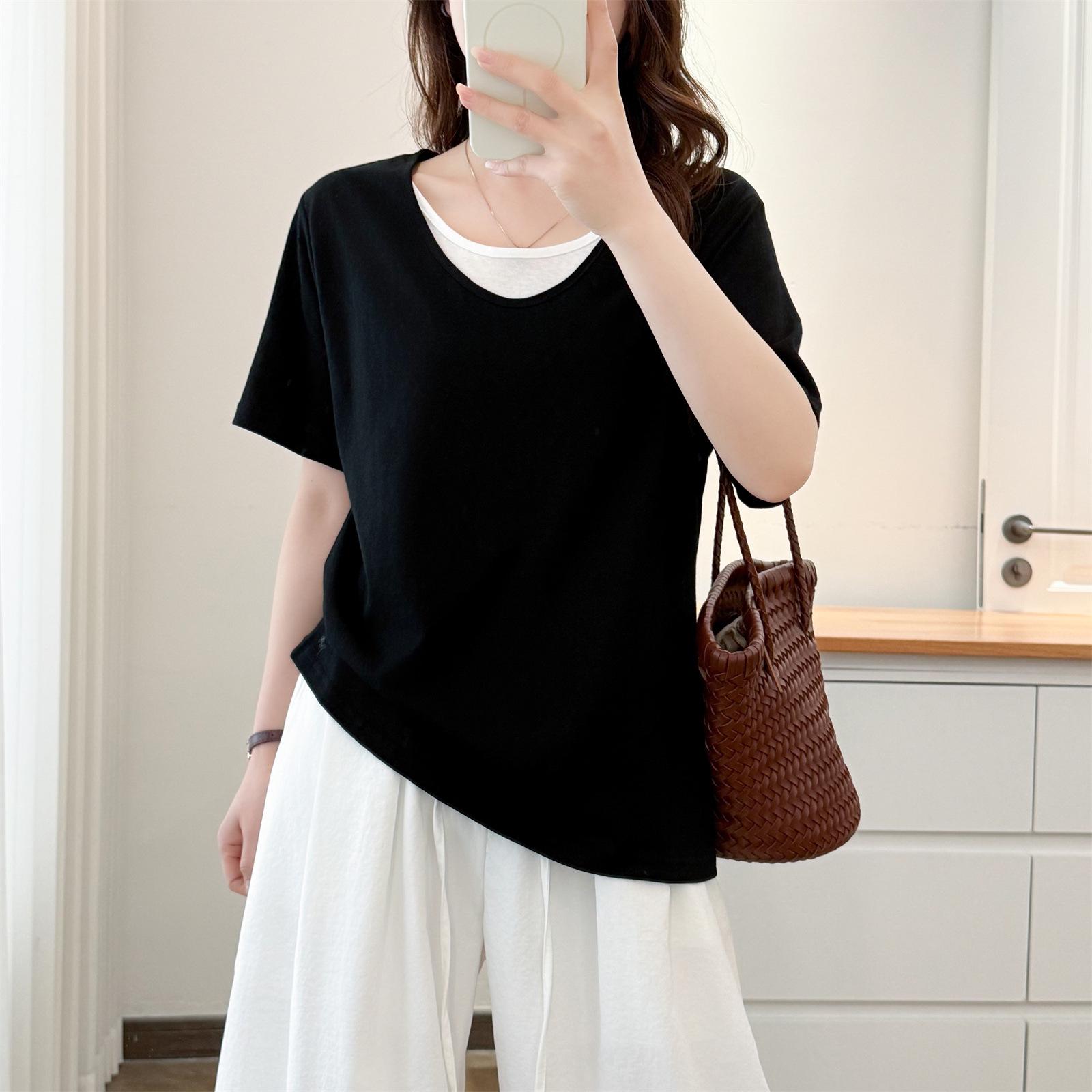 

Versatile Summer 2026 Women s Plus Size Color Block Snowflake Cotton T-shirt with Short Sleeves, Slimming, Thin Pullover. 4XL чёрный