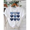 European Size Heart-Patterned Printed T-Shirt In a Faux Denim Style, Short-Sleeved And Round-Necked, Perfect for Casual