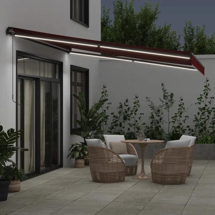 VidaXL Auvent manuel rétractable avec LED bordeaux 400x300 cm, auvent, auvent de porte, auvent de jardin, store, auvent de 3310187