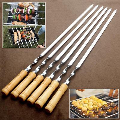 6 Pièces Brochettes en Acier Inoxydable Plates Bâtonnets pour Barbecue Métal Brochettes à Kebab avec Manche en Bois Outils de Grill Extérieur Accessoires pour Barbecue