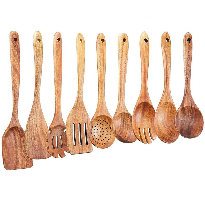 Teak Non-Stick Long-Handle Solid Wood Pan and Acacia Wood Kitchenware Set