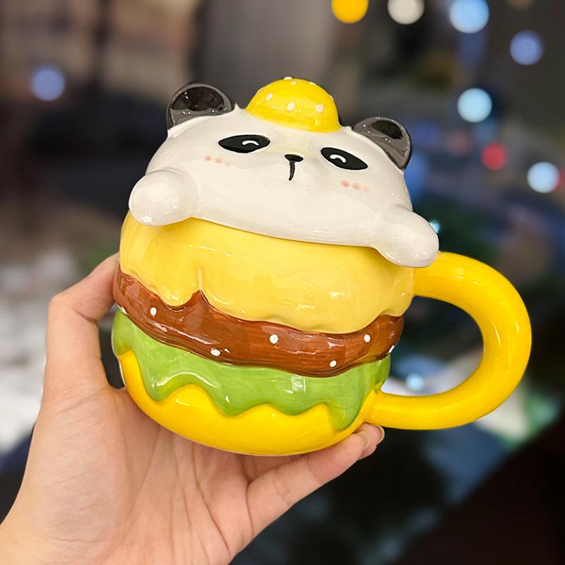 Creative Design Ceramic Burger Mug with Lid Cute Cartoon Animal Shape Household Drinking Cup Souvenir