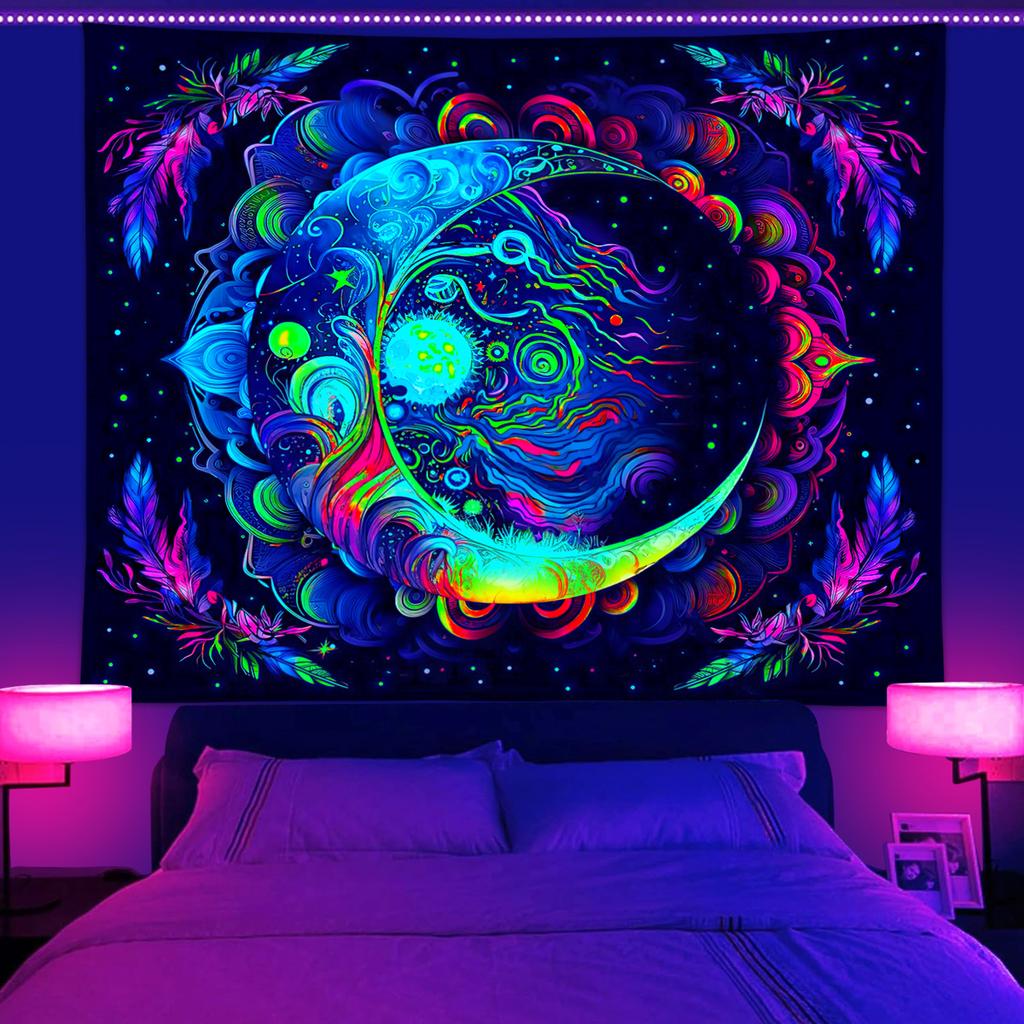1pc UV Responsive Moon Tapestry, Bohemian Fluorescent Tapestry, Mysterious Moon Phase, Starry Sky, Universe Aesthetic Tapestry