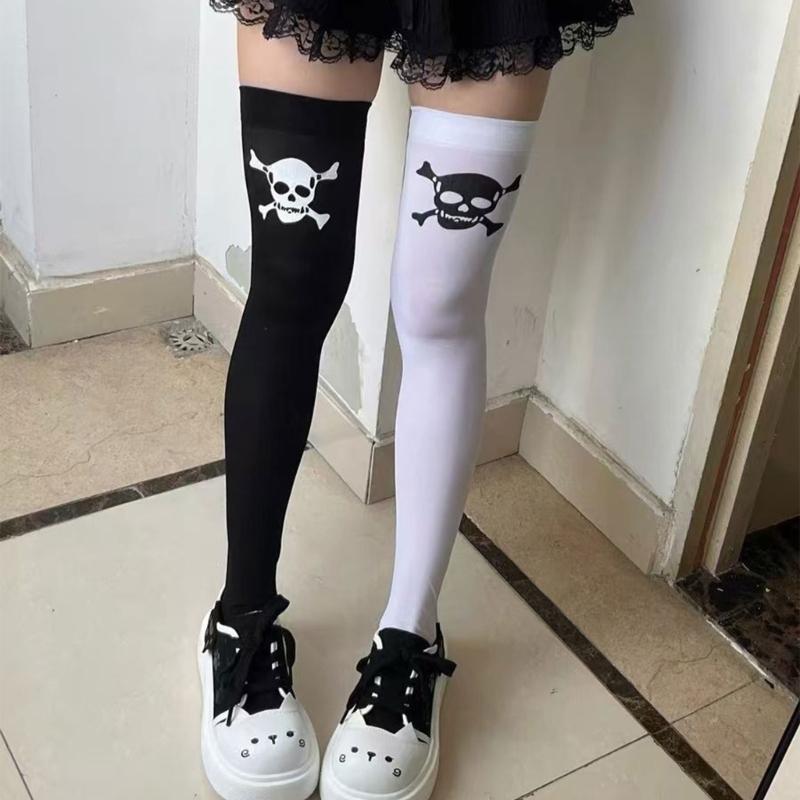 Women Gothic Skeleton Print Over Knee Socks Elastic Nylon Blend Thigh High Stockings For Halloween Event And Fall Outfit