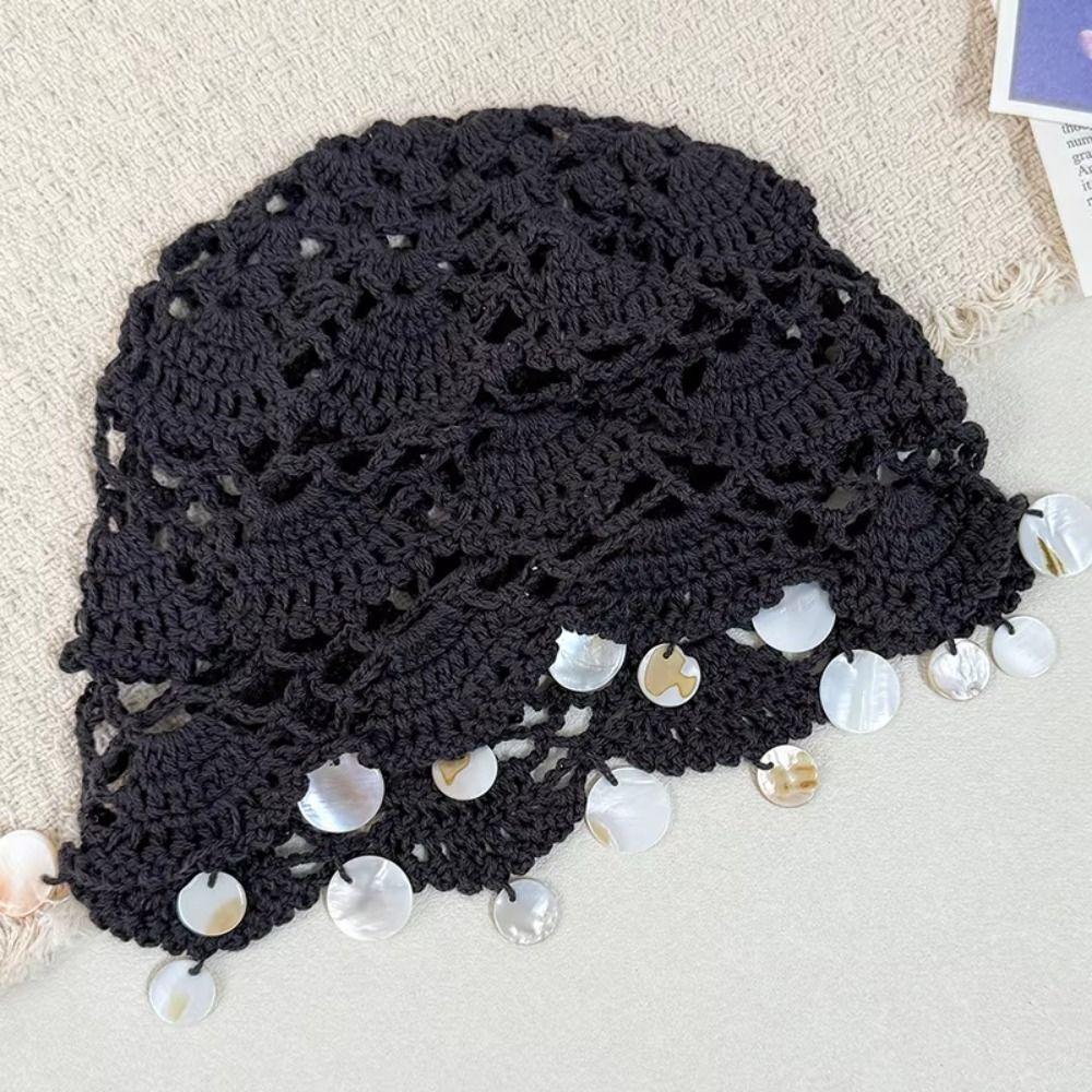 Solid Color Shell Tassels Hat Thin Bohemian Style Beanies Fashion Woven Pullover Cap Pullover Hat