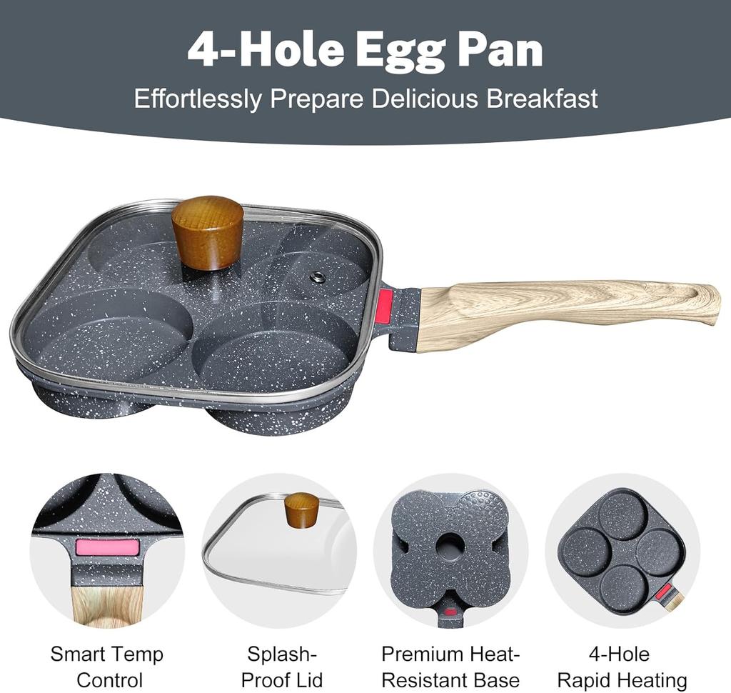 4‑Cup Nonstick Egg Pan Set with Lid–Aluminum Omelette Skillet for Breakfast, Includes Oil Brush – Compatible with Gas and Induction Cooktops