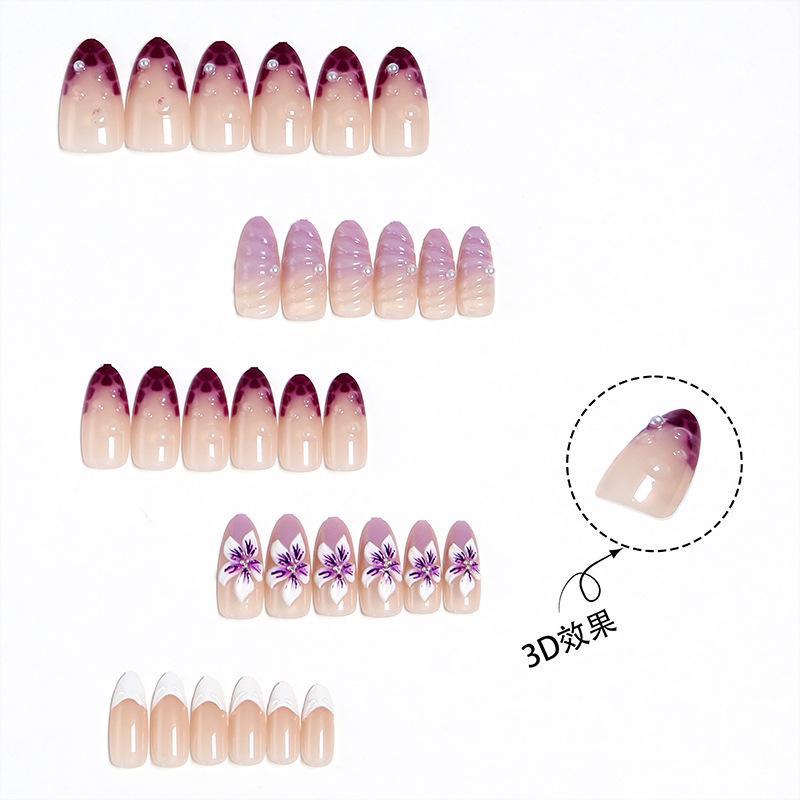 3D Stereo Floral Nail Art with Handmade Rhinestones - French Almond Purple Gradient Nail Tips