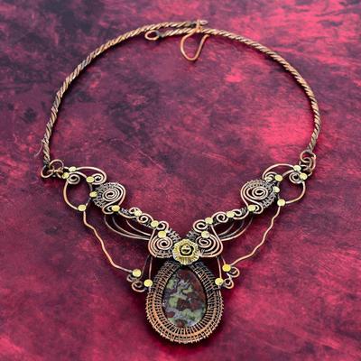 Dragon Bloodstone Gemstone Necklace Copper Wire Wrapped Adjustable Chain Necklace