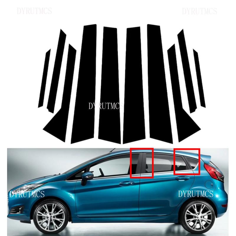 10PCS Glossy Black Silver Carbon Pillar Post Fit ForFord Fiesta 2008- 2017 2018 Door Window Column BC Trim Sticker Cover