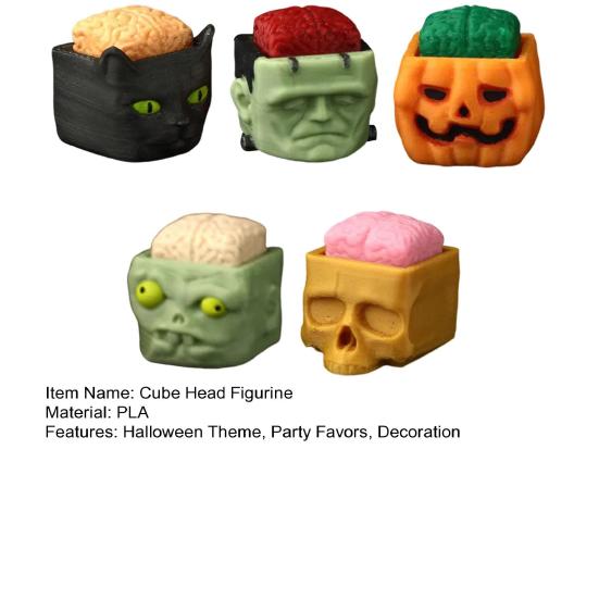 1/5Pcs Halloween Cube Head Figurine Spooky Mini Skull Pumpkin Zombie Black Cat Head Resin Statue Toy Home Office Desktop Decoration Ornament