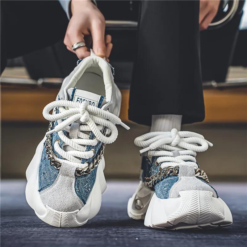 Outdoor Sports Style Men Platform Casual Tennis Sneakers Fashion Metal Chain Decoration Comfortable Lace Up Male Running Shoes