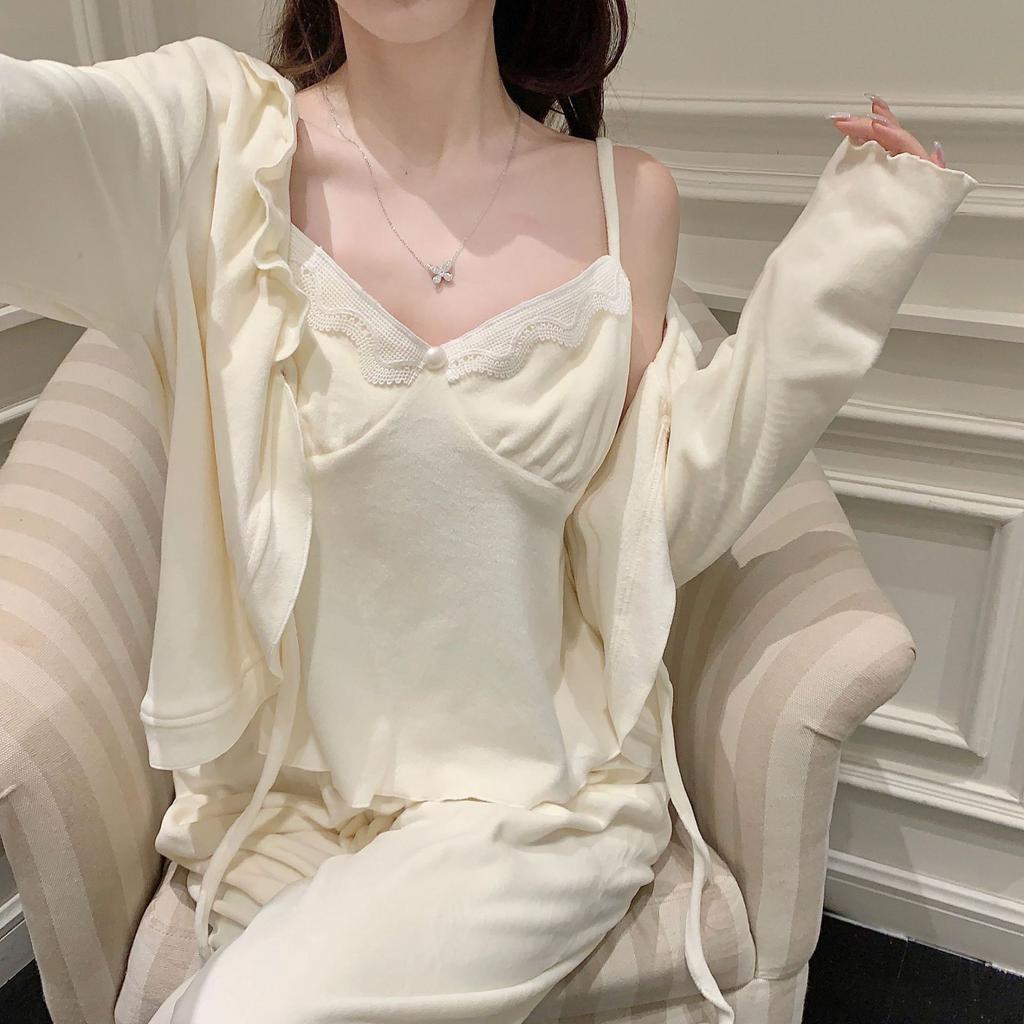 Autumn and winter island fleece with chest pad pajamas three-piece set sexy suspenders pure desire long-sleeved trousers double-sided fl loungewear